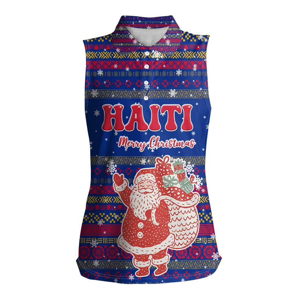 Haiti Christmas Women Sleeveless Polo Shirt with Blue Red Xmas Santa Snowflake and Map - Wonder Print Shop