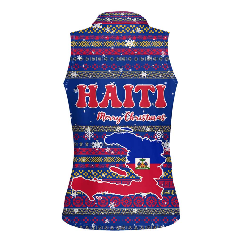Haiti Christmas Women Sleeveless Polo Shirt with Blue Red Xmas Santa Snowflake and Map - Wonder Print Shop