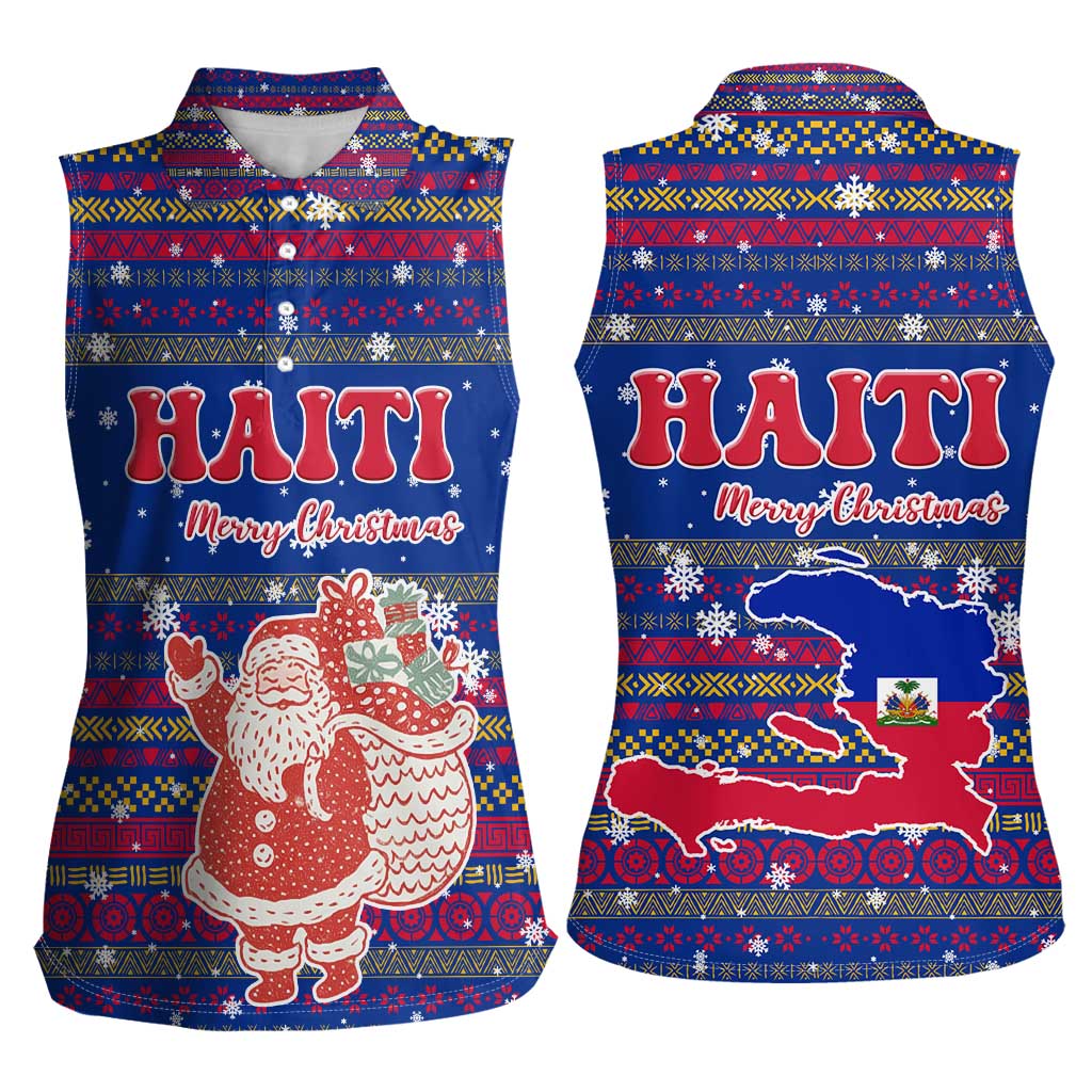 Haiti Christmas Women Sleeveless Polo Shirt with Blue Red Xmas Santa Snowflake and Map - Wonder Print Shop