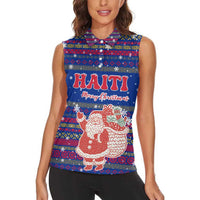 Haiti Christmas Women Sleeveless Polo Shirt with Blue Red Xmas Santa Snowflake and Map - Wonder Print Shop