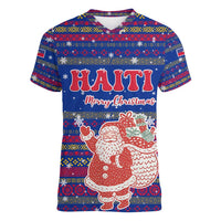 Haiti Christmas Women V-Neck T-Shirt with Blue Red Xmas Santa Snowflake and Map - Wonder Print Shop