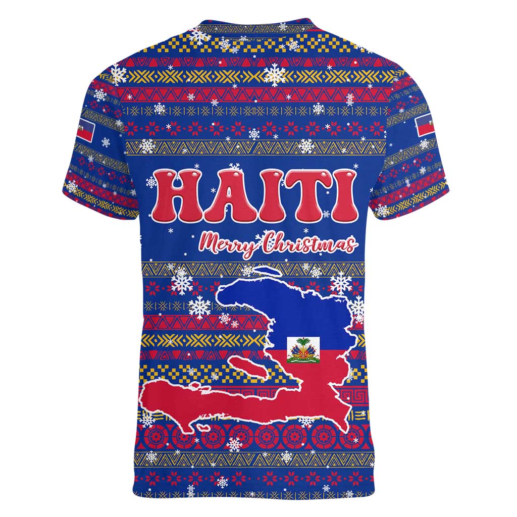 Haiti Christmas Women V-Neck T-Shirt with Blue Red Xmas Santa Snowflake and Map - Wonder Print Shop