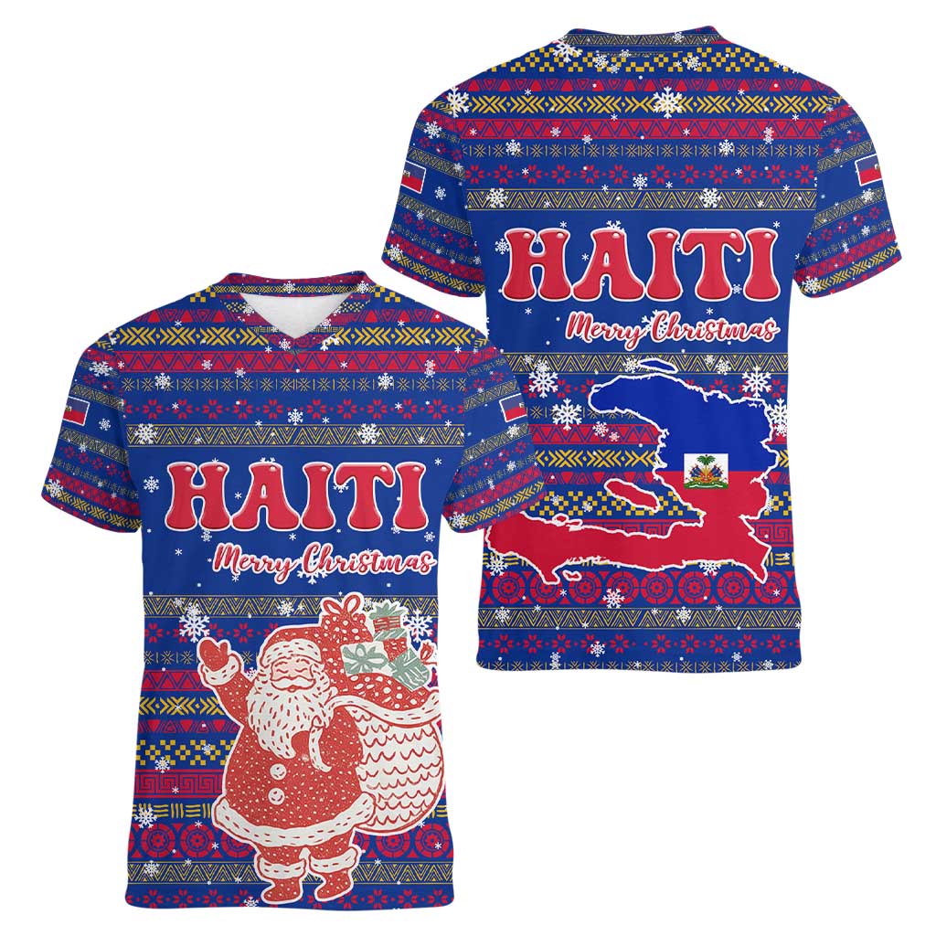 Haiti Christmas Women V-Neck T-Shirt with Blue Red Xmas Santa Snowflake and Map - Wonder Print Shop