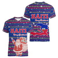 Haiti Christmas Women V-Neck T-Shirt with Blue Red Xmas Santa Snowflake and Map - Wonder Print Shop