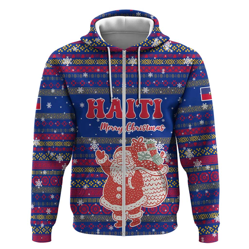 Haiti Christmas Zip Hoodie with Blue Red Xmas Santa Snowflake and Map - Wonder Print Shop