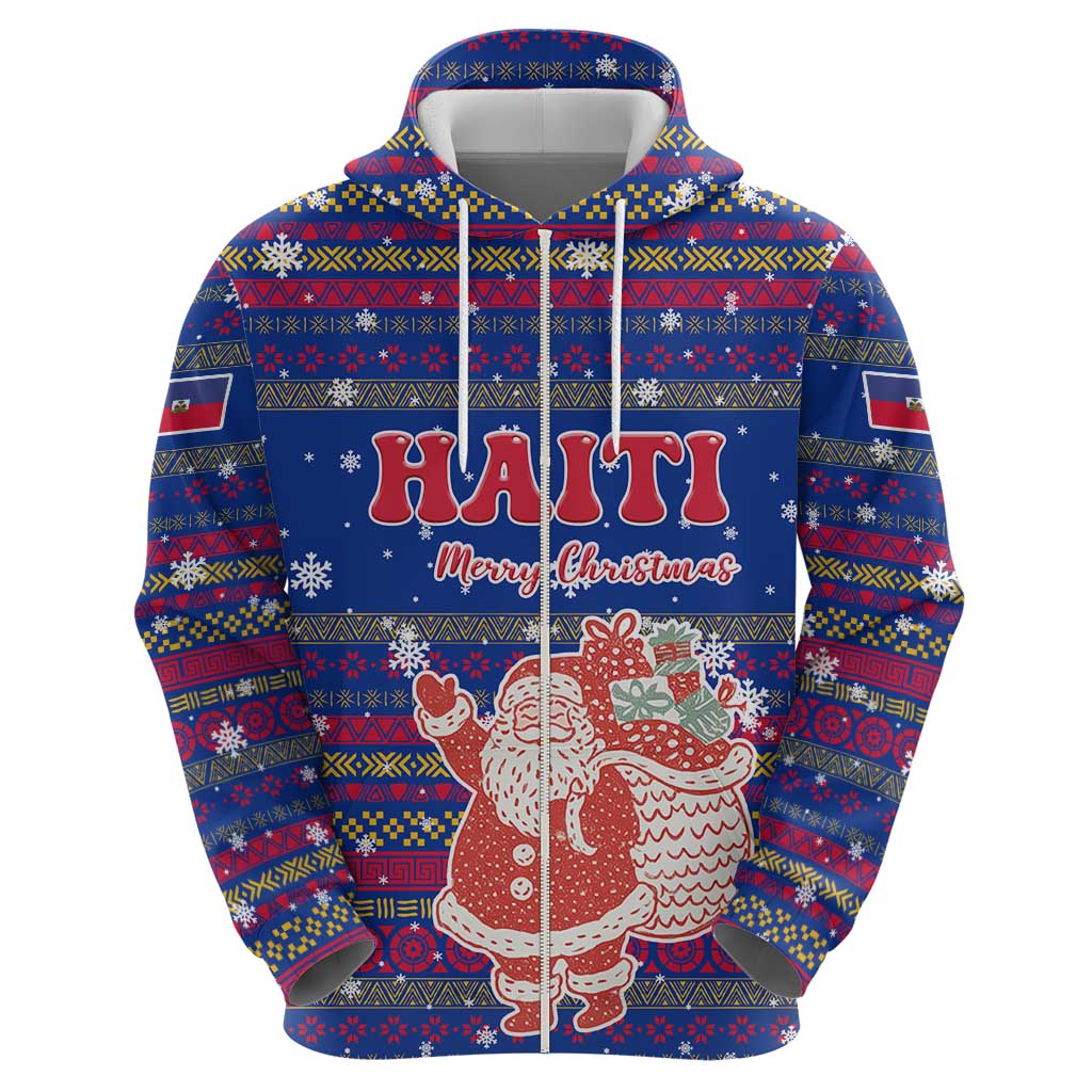 Haiti Christmas Zip Hoodie with Blue Red Xmas Santa Snowflake and Map - Wonder Print Shop