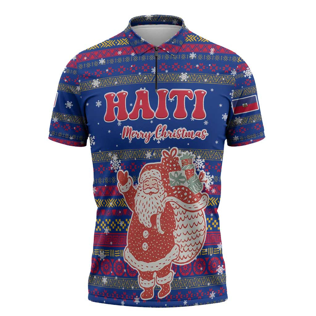 Haiti Christmas Zipper Polo Shirt with Blue Red Xmas Santa Snowflake and Map - Wonder Print Shop