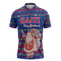 Haiti Christmas Zipper Polo Shirt with Blue Red Xmas Santa Snowflake and Map - Wonder Print Shop