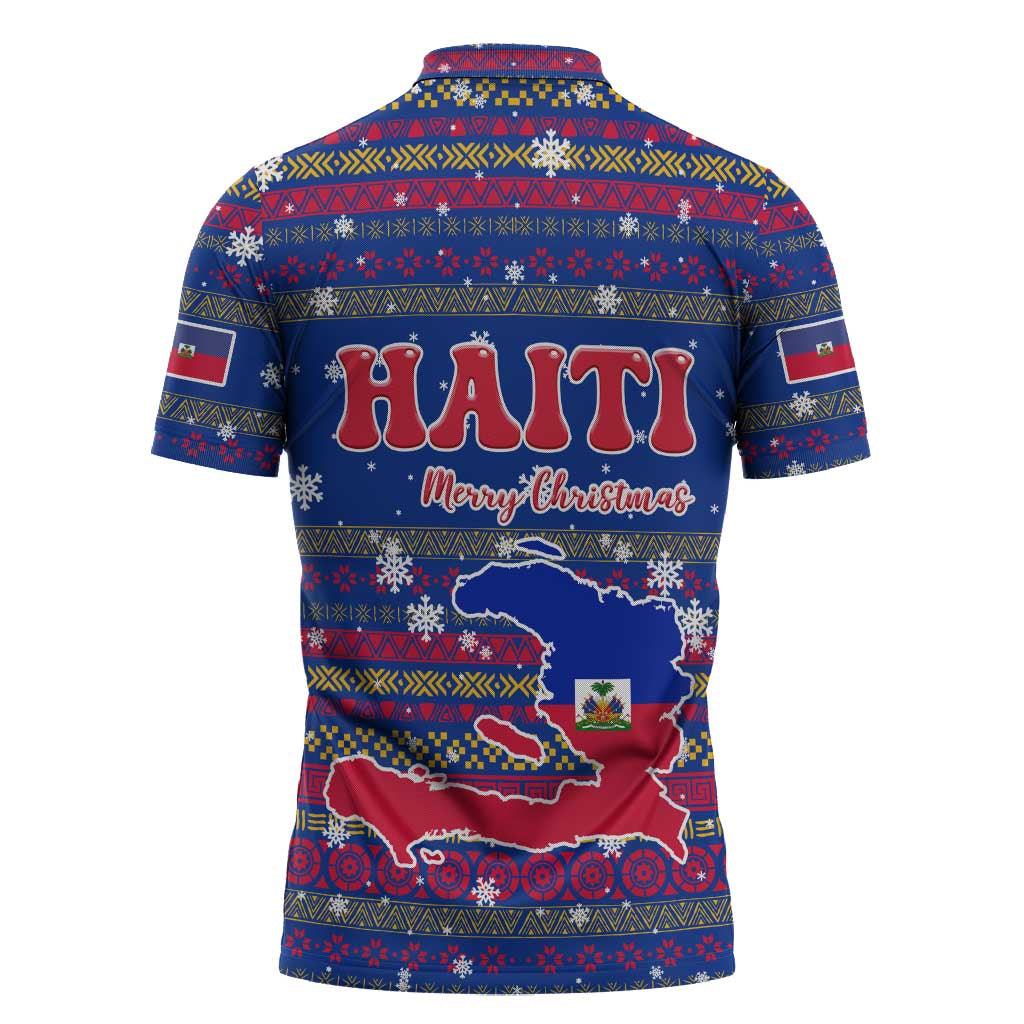 Haiti Christmas Zipper Polo Shirt with Blue Red Xmas Santa Snowflake and Map - Wonder Print Shop