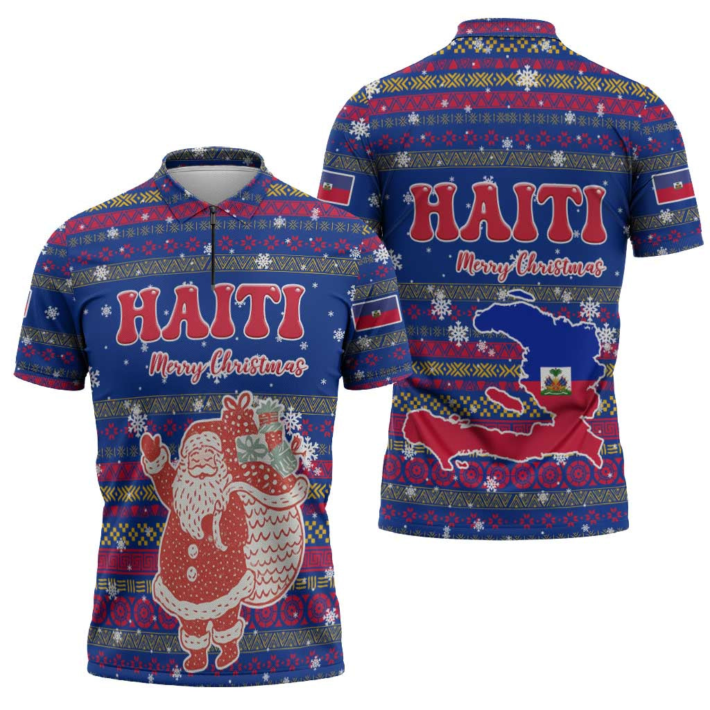 Haiti Christmas Zipper Polo Shirt with Blue Red Xmas Santa Snowflake and Map - Wonder Print Shop