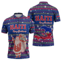Haiti Christmas Zipper Polo Shirt with Blue Red Xmas Santa Snowflake and Map - Wonder Print Shop