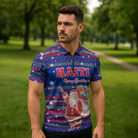 Haiti Christmas Zipper Polo Shirt with Blue Red Xmas Santa Snowflake and Map - Wonder Print Shop