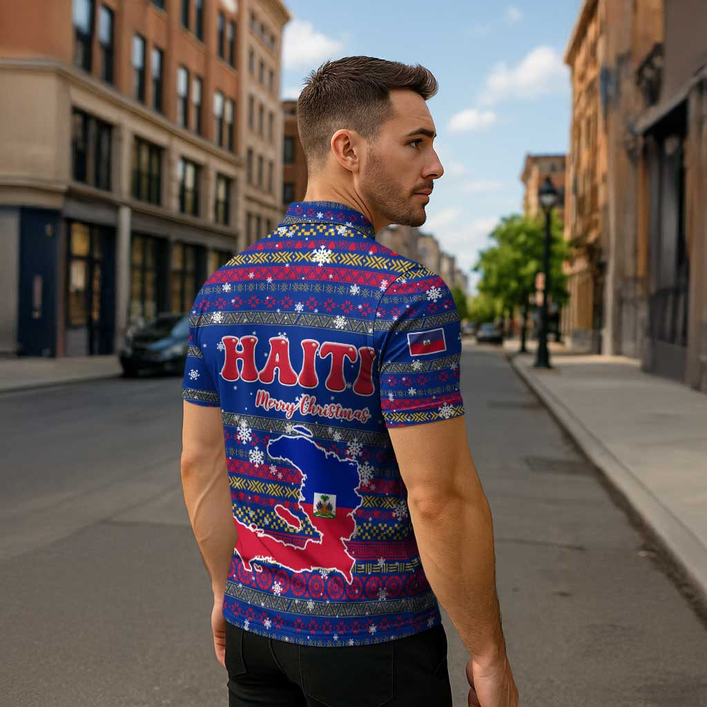 Haiti Christmas Zipper Polo Shirt with Blue Red Xmas Santa Snowflake and Map - Wonder Print Shop