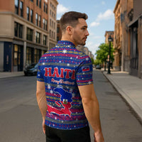 Haiti Christmas Zipper Polo Shirt with Blue Red Xmas Santa Snowflake and Map - Wonder Print Shop