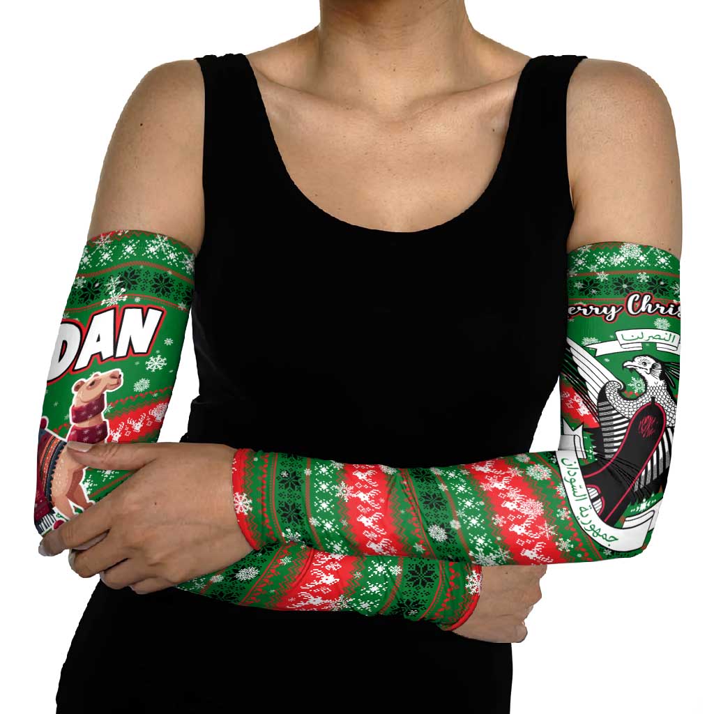 Sudan Christmas Arm Sleeves with Green Red Xmas Camel Snowflake and Coat of Arms - Wonder Print Shop