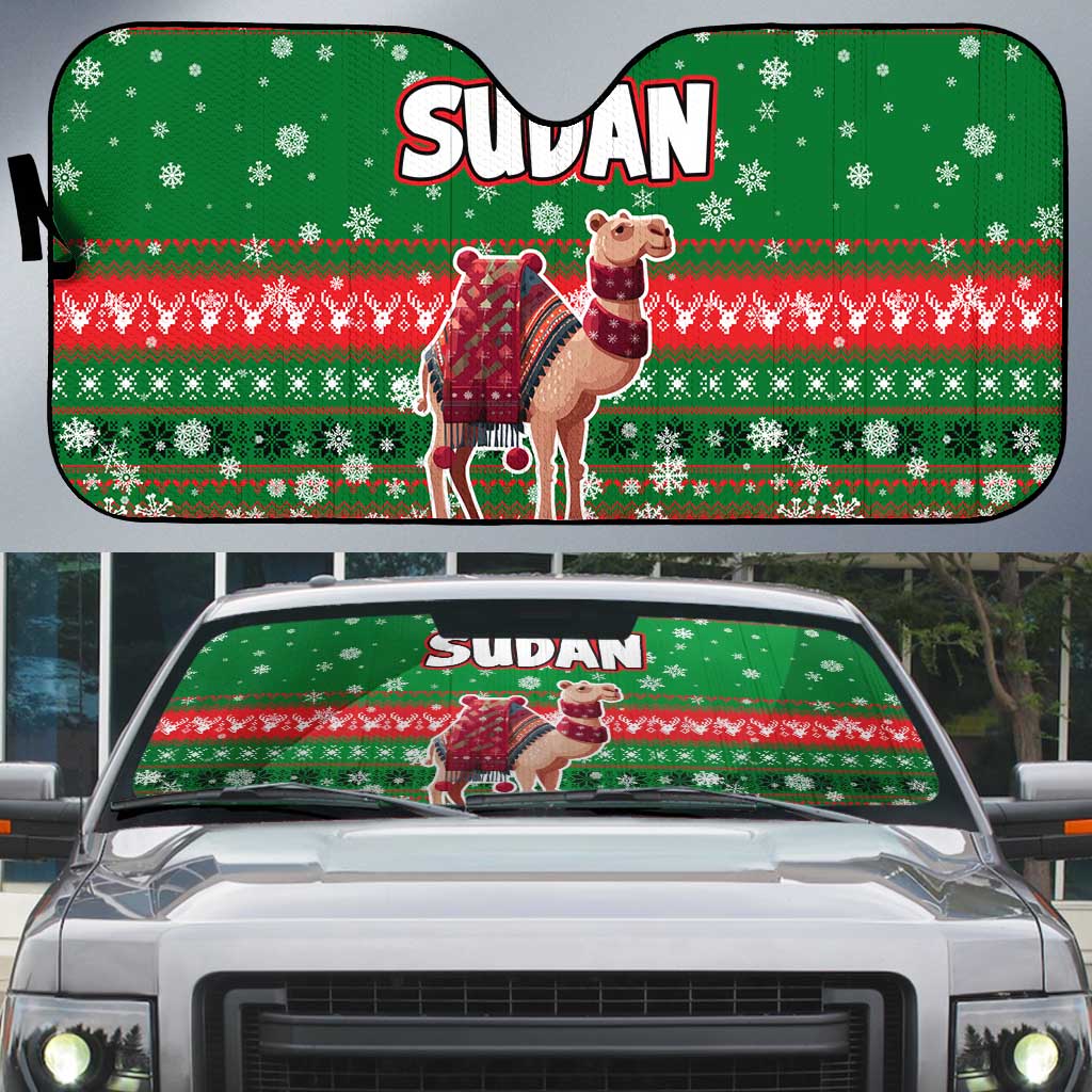 Sudan Christmas Auto Sun Shade with Green Red Xmas Camel Snowflake and Coat of Arms - Wonder Print Shop