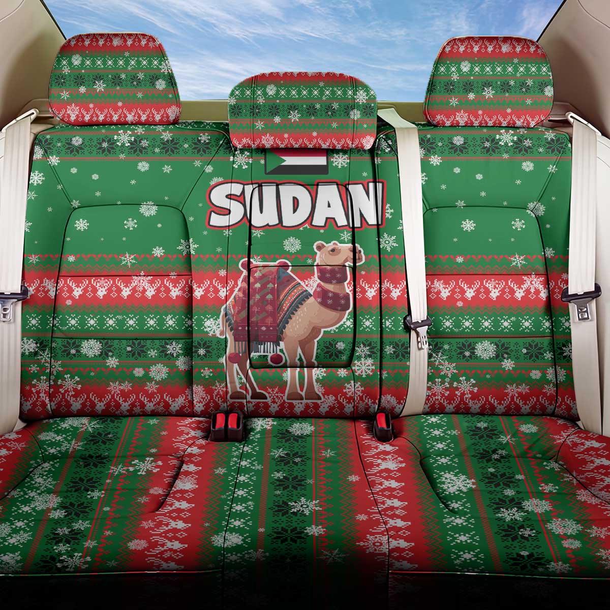Sudan Christmas Back Car Seat Cover with Green Red Xmas Camel Snowflake and Coat of Arms - Wonder Print Shop