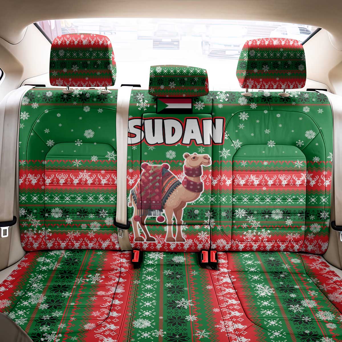 Sudan Christmas Back Car Seat Cover with Green Red Xmas Camel Snowflake and Coat of Arms - Wonder Print Shop