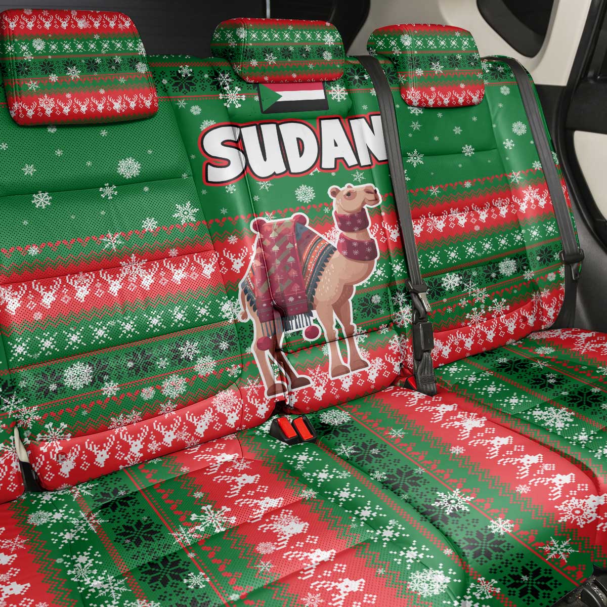 Sudan Christmas Back Car Seat Cover with Green Red Xmas Camel Snowflake and Coat of Arms - Wonder Print Shop