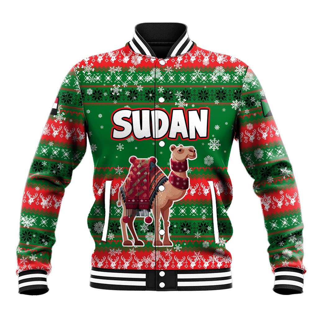 Sudan Christmas Baseball Jacket with Green Red Xmas Camel Snowflake and Coat of Arms - Wonder Print Shop
