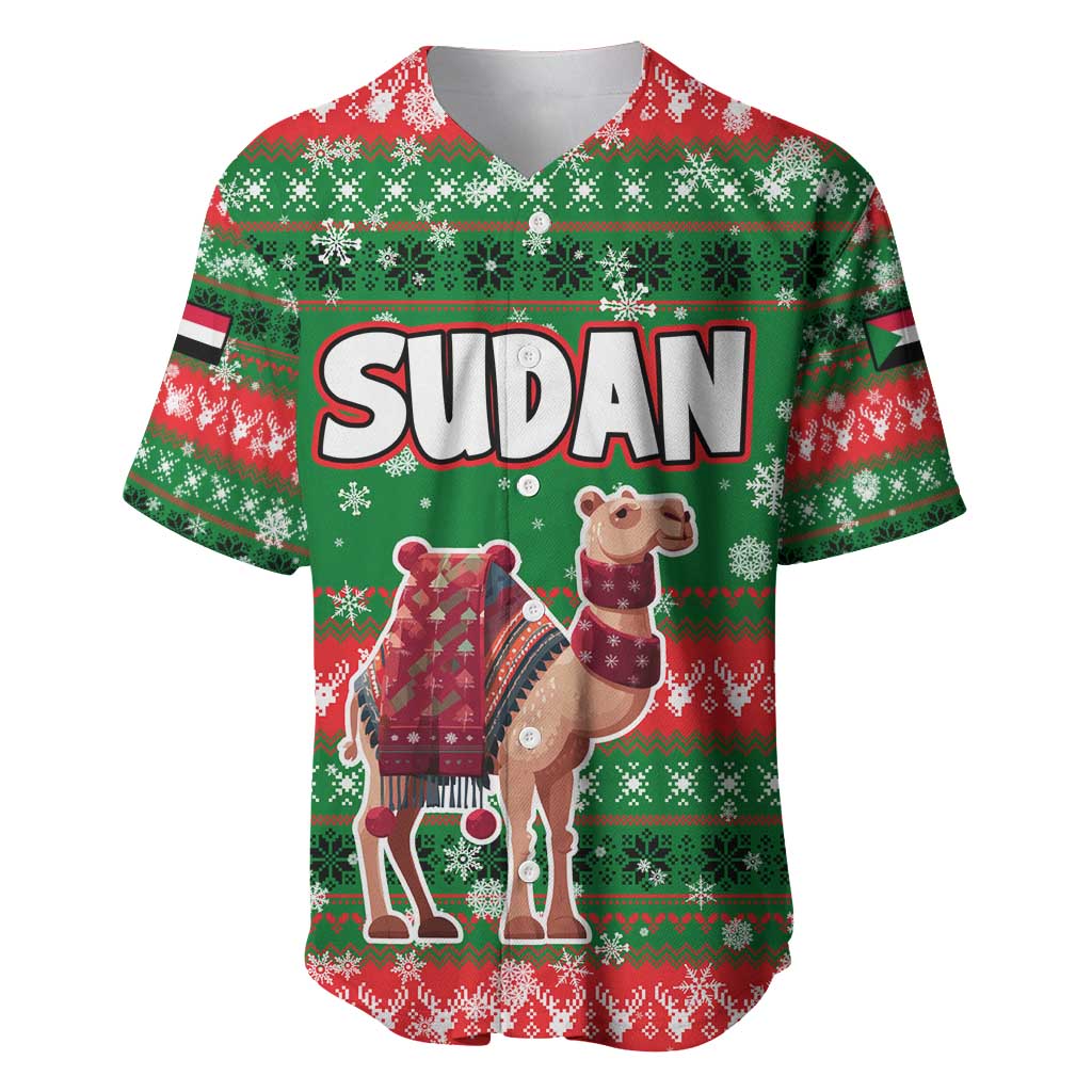 Sudan Christmas Baseball Jersey with Green Red Xmas Camel Snowflake and Coat of Arms - Wonder Print Shop