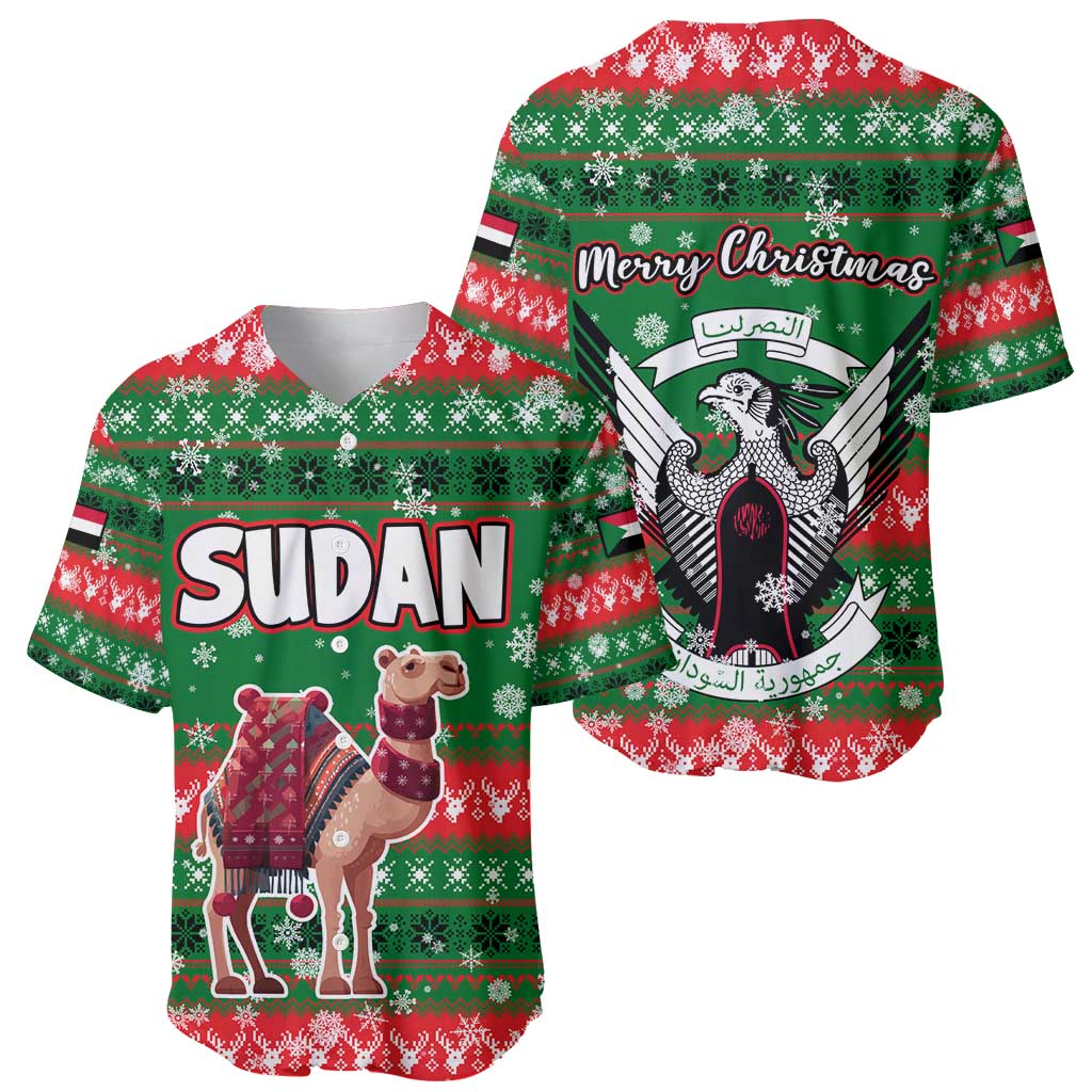 Sudan Christmas Baseball Jersey with Green Red Xmas Camel Snowflake and Coat of Arms - Wonder Print Shop