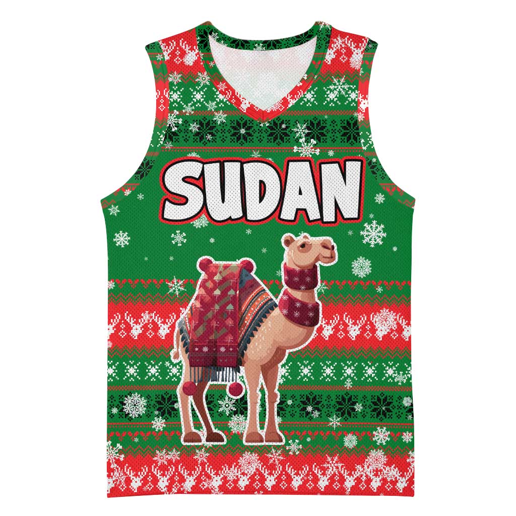 Sudan Christmas Basketball Jersey with Green Red Xmas Camel Snowflake and Coat of Arms - Wonder Print Shop