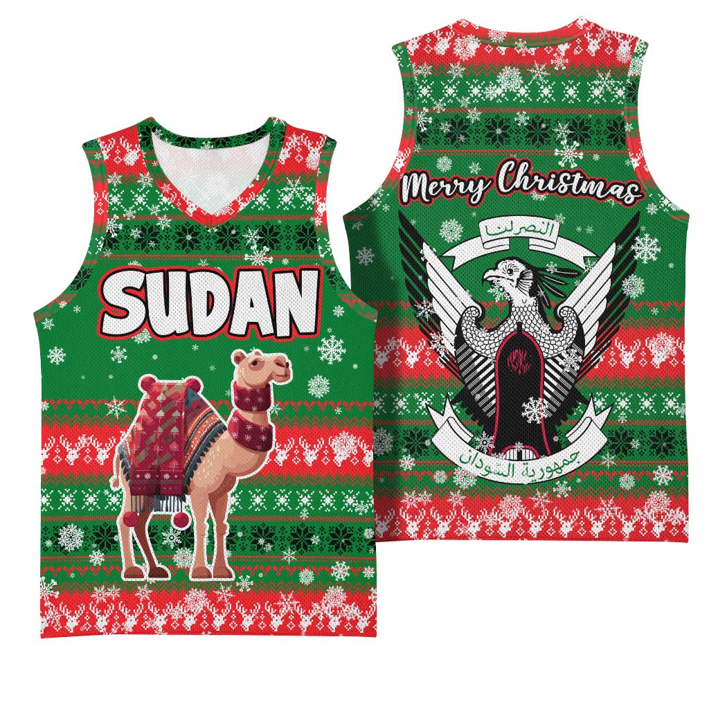 Sudan Christmas Basketball Jersey with Green Red Xmas Camel Snowflake and Coat of Arms - Wonder Print Shop