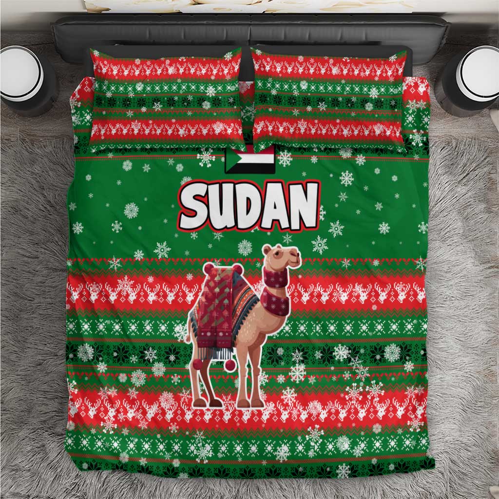 Sudan Christmas Bedding Set with Green Red Xmas Camel Snowflake and Coat of Arms - Wonder Print Shop