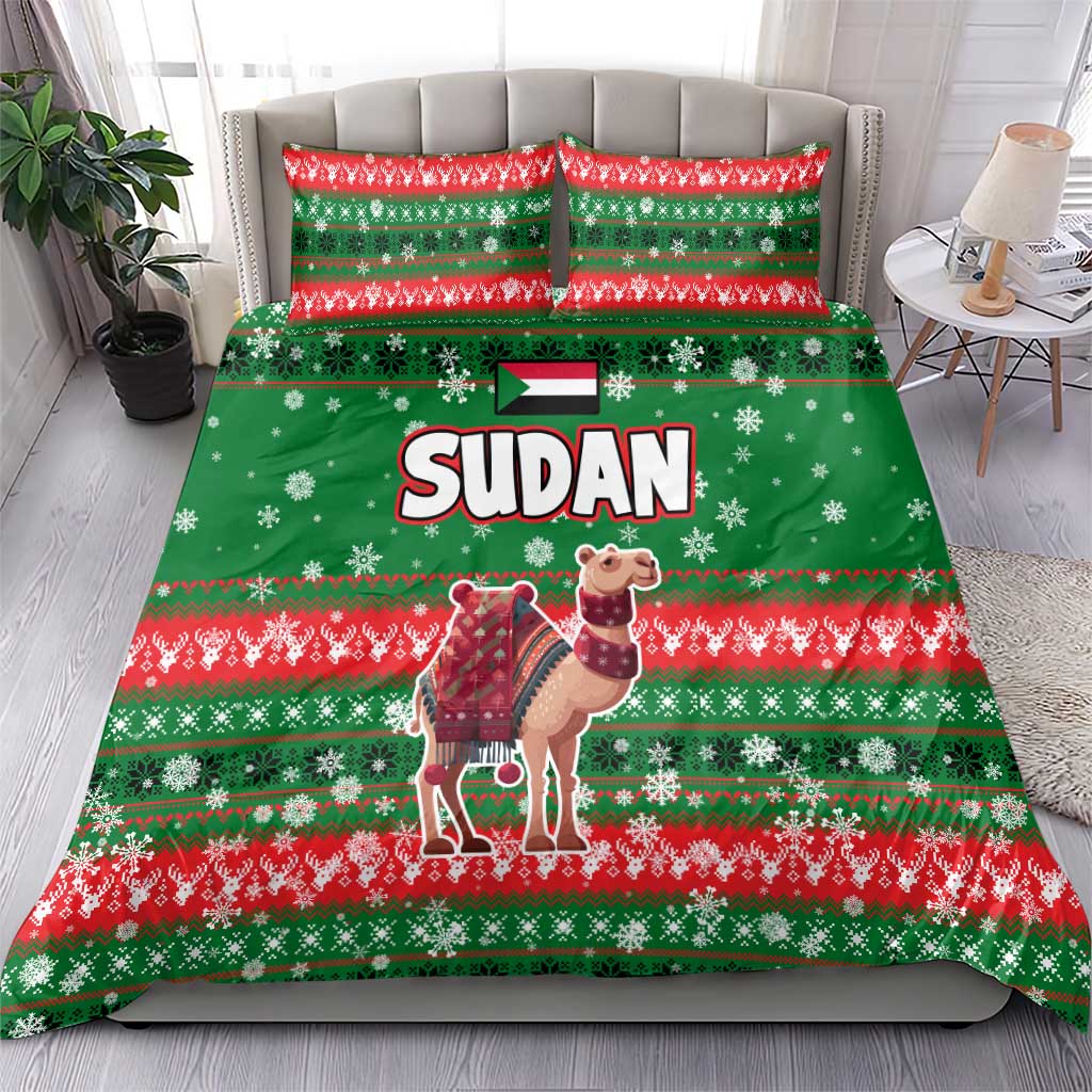 Sudan Christmas Bedding Set with Green Red Xmas Camel Snowflake and Coat of Arms - Wonder Print Shop