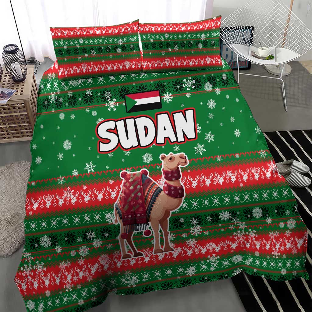 Sudan Christmas Bedding Set with Green Red Xmas Camel Snowflake and Coat of Arms - Wonder Print Shop