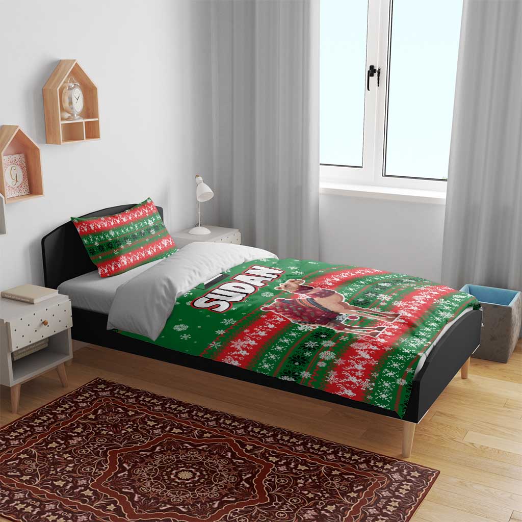 Sudan Christmas Bedding Set with Green Red Xmas Camel Snowflake and Coat of Arms - Wonder Print Shop