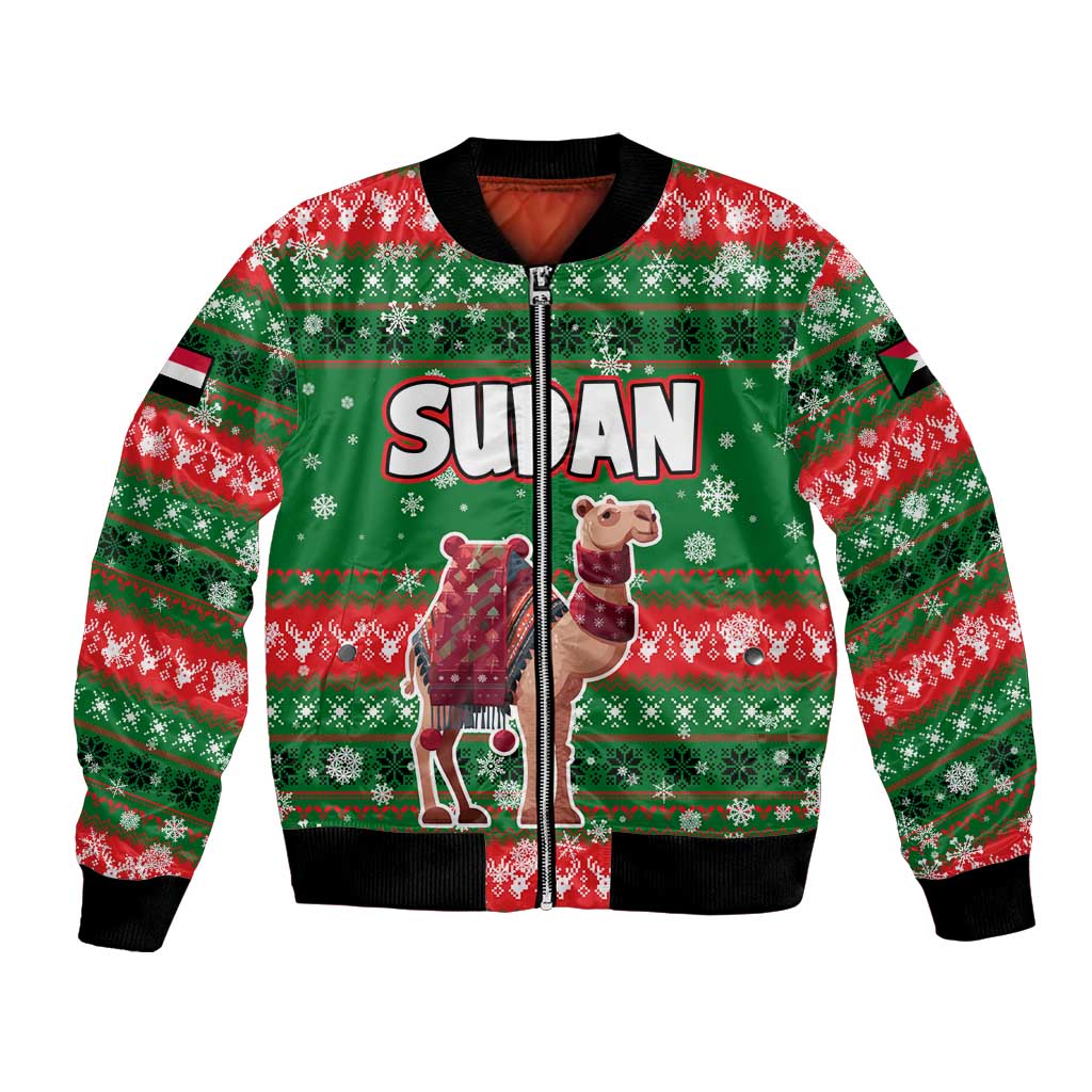 Sudan Christmas Bomber Jacket with Green Red Xmas Camel Snowflake and Coat of Arms - Wonder Print Shop