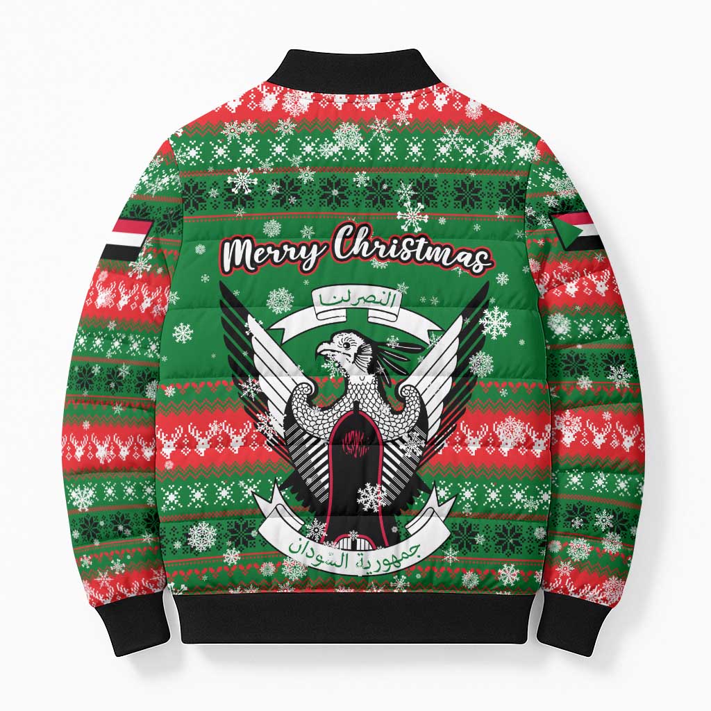 Sudan Christmas Bomber Puffer Jacket with Green Red Xmas Camel Snowflake and Coat of Arms - Wonder Print Shop