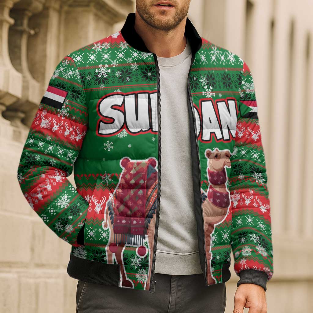 Sudan Christmas Bomber Puffer Jacket with Green Red Xmas Camel Snowflake and Coat of Arms - Wonder Print Shop