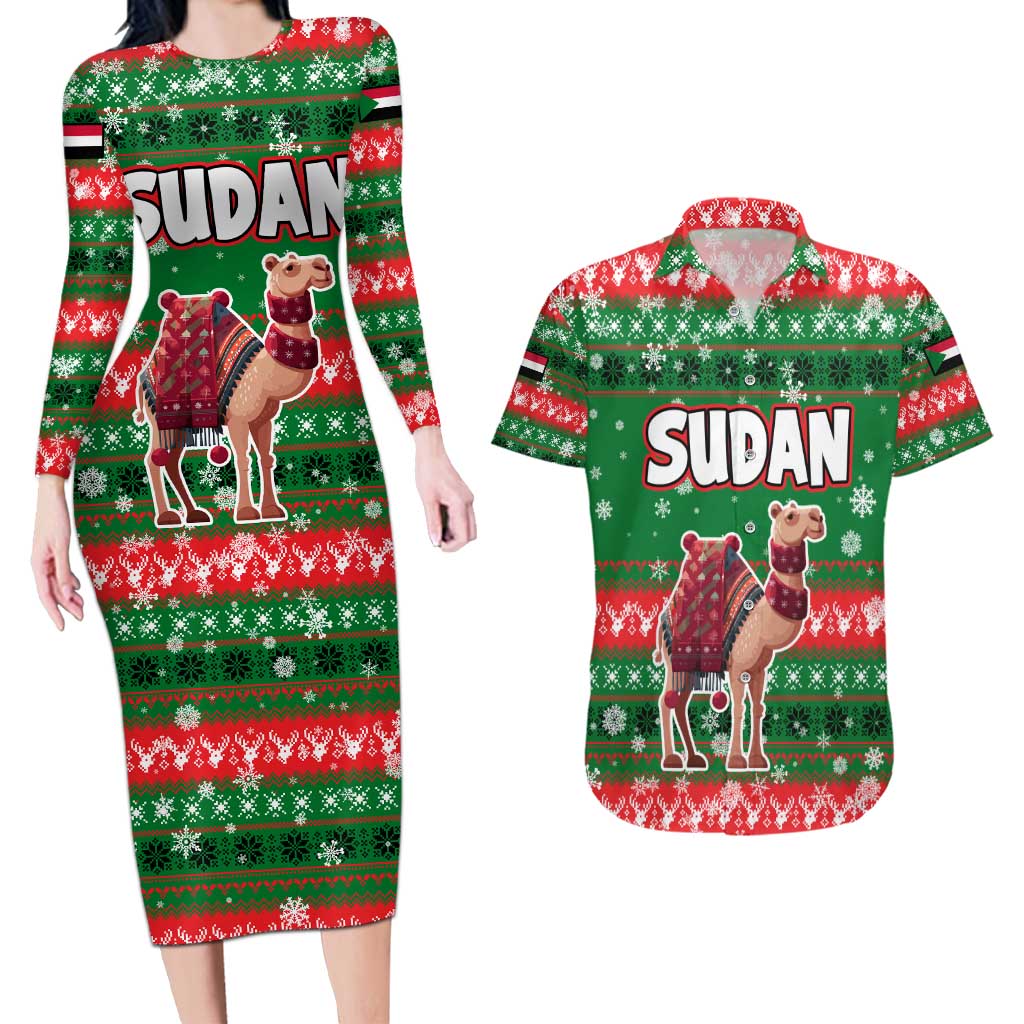 Sudan Christmas Couples Matching Long Sleeve Bodycon Dress and Hawaiian Shirt with Green Red Xmas Camel Snowflake and Coat of Arms - Wonder Print Shop