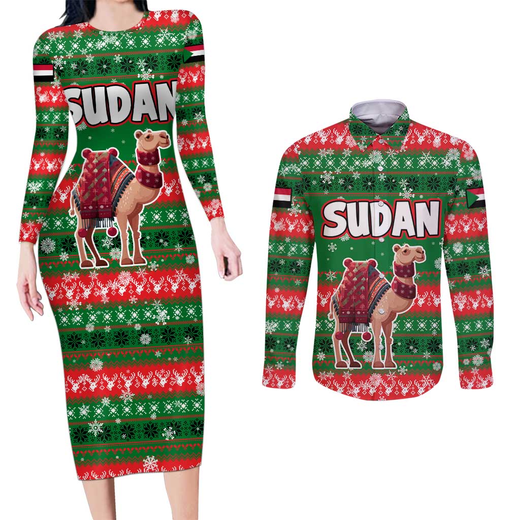 Sudan Christmas Couples Matching Long Sleeve Bodycon Dress and Long Sleeve Button Shirt with Green Red Xmas Camel Snowflake and Coat of Arms - Wonder Print Shop
