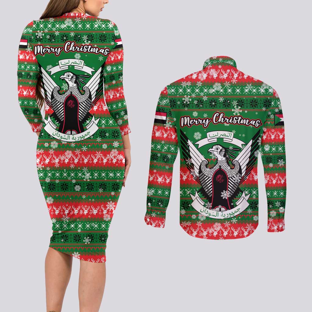 Sudan Christmas Couples Matching Long Sleeve Bodycon Dress and Long Sleeve Button Shirt with Green Red Xmas Camel Snowflake and Coat of Arms - Wonder Print Shop