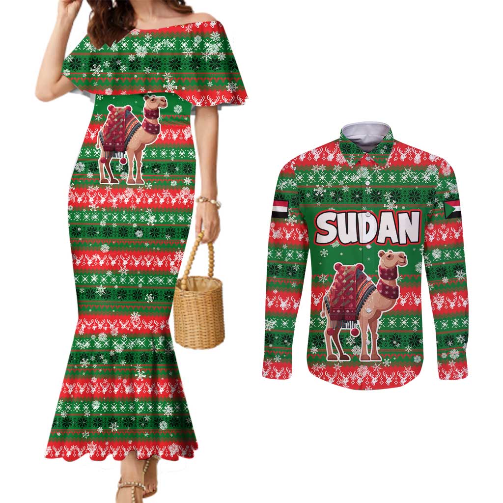 Sudan Christmas Couples Matching Mermaid Dress and Long Sleeve Button Shirt with Green Red Xmas Camel Snowflake and Coat of Arms - Wonder Print Shop