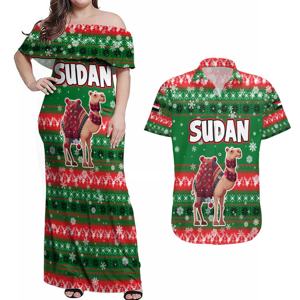 Sudan Christmas Couples Matching Off Shoulder Maxi Dress and Hawaiian Shirt with Green Red Xmas Camel Snowflake and Coat of Arms - Wonder Print Shop