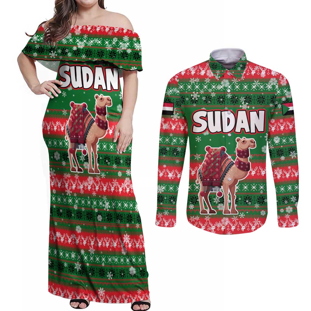 Sudan Christmas Couples Matching Off Shoulder Maxi Dress and Long Sleeve Button Shirt with Green Red Xmas Camel Snowflake and Coat of Arms - Wonder Print Shop