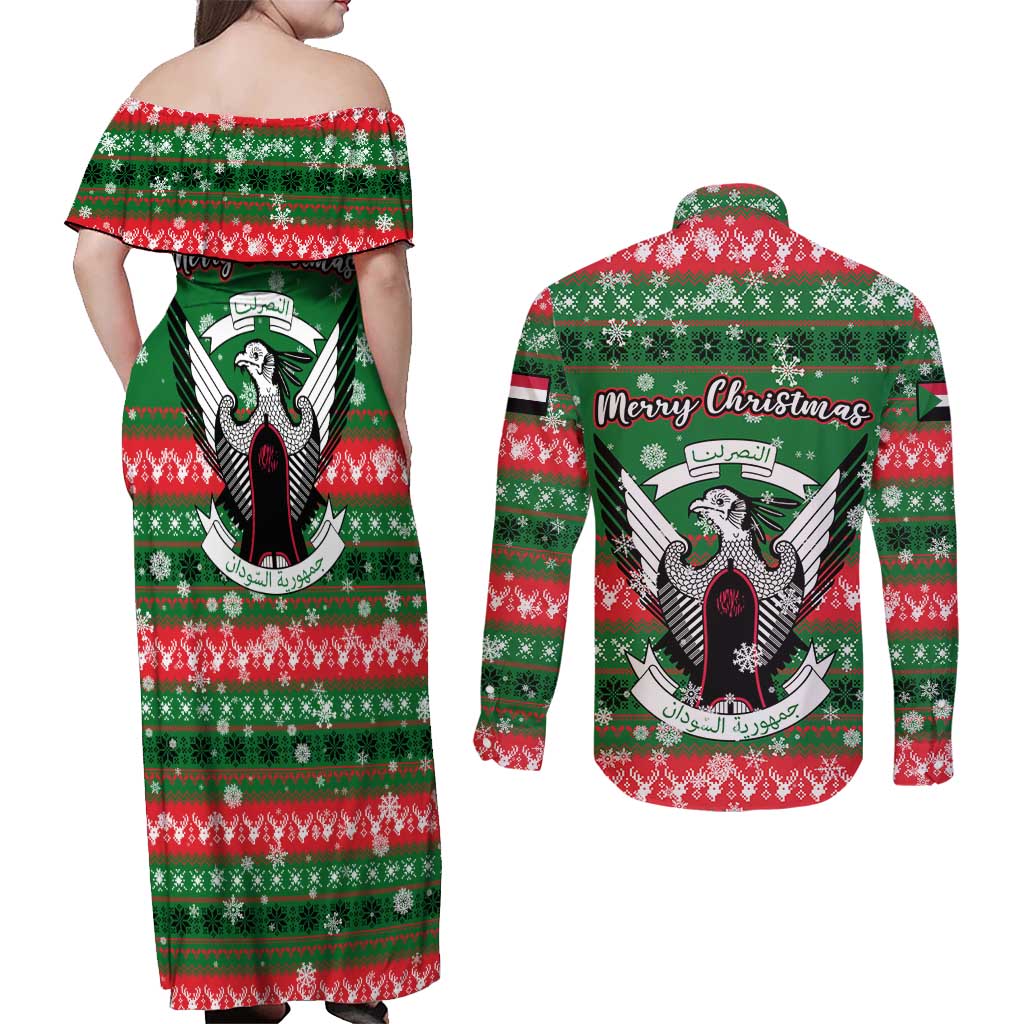 Sudan Christmas Couples Matching Off Shoulder Maxi Dress and Long Sleeve Button Shirt with Green Red Xmas Camel Snowflake and Coat of Arms - Wonder Print Shop