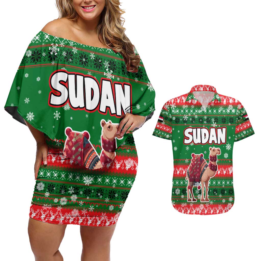 Sudan Christmas Couples Matching Off Shoulder Short Dress and Hawaiian Shirt with Green Red Xmas Camel Snowflake and Coat of Arms - Wonder Print Shop