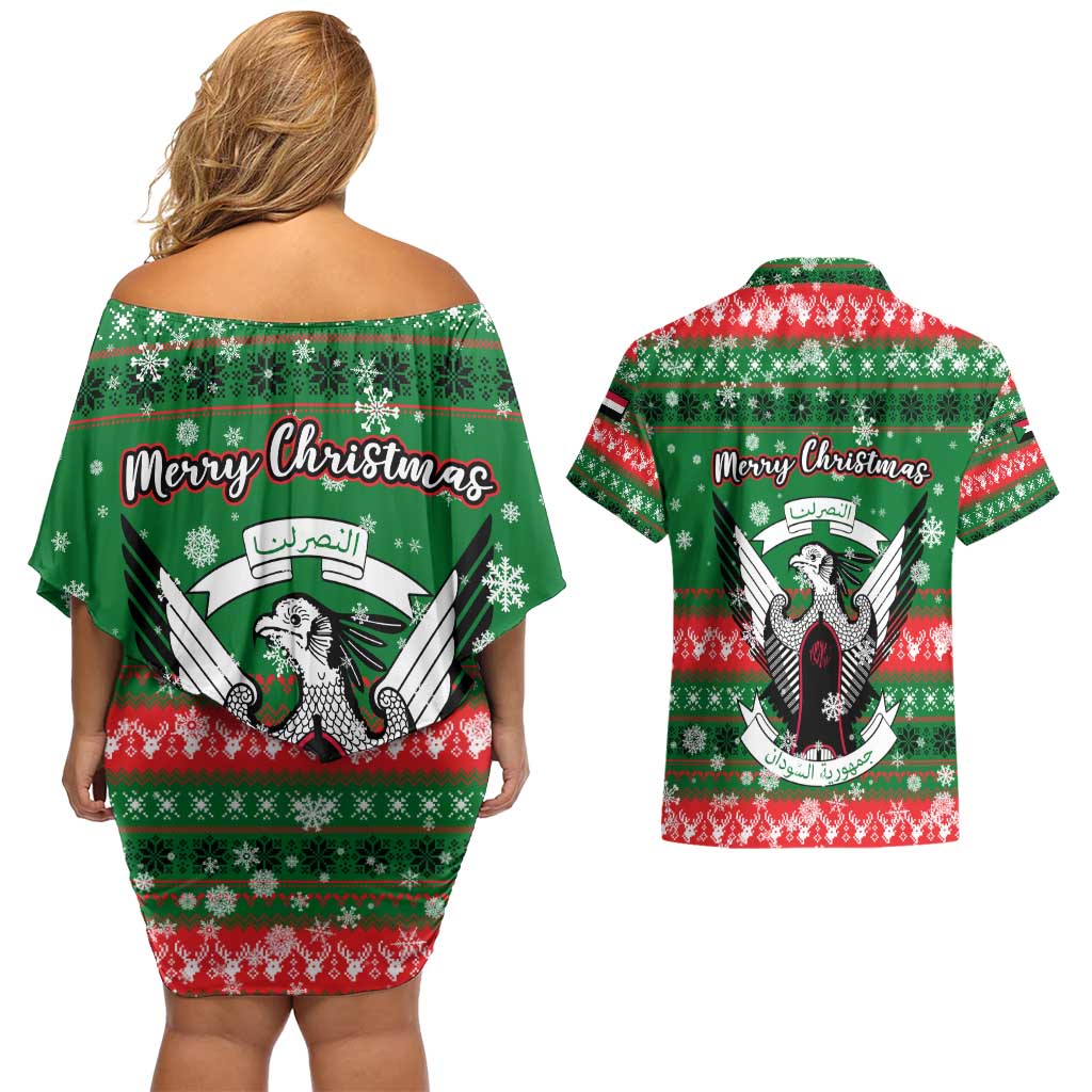 Sudan Christmas Couples Matching Off Shoulder Short Dress and Hawaiian Shirt with Green Red Xmas Camel Snowflake and Coat of Arms - Wonder Print Shop