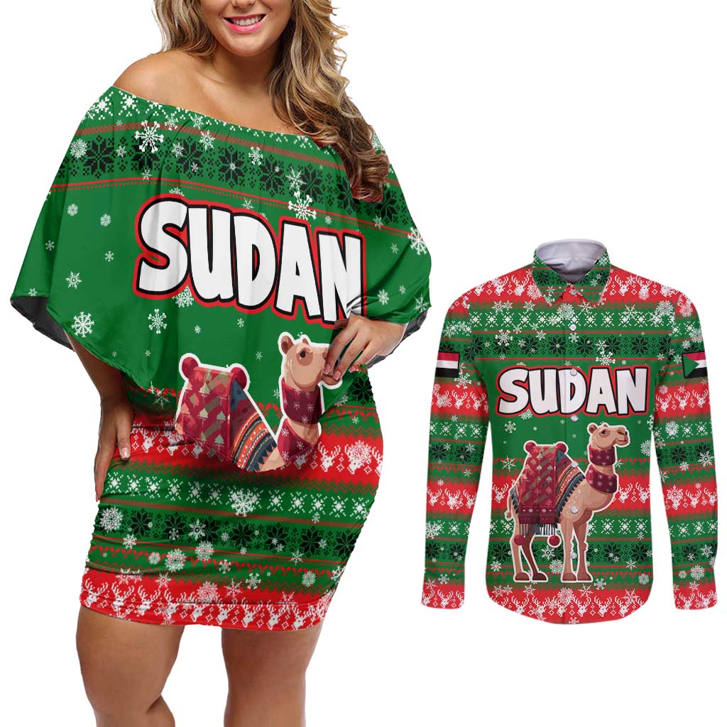 Sudan Christmas Couples Matching Off Shoulder Short Dress and Long Sleeve Button Shirt with Green Red Xmas Camel Snowflake and Coat of Arms - Wonder Print Shop