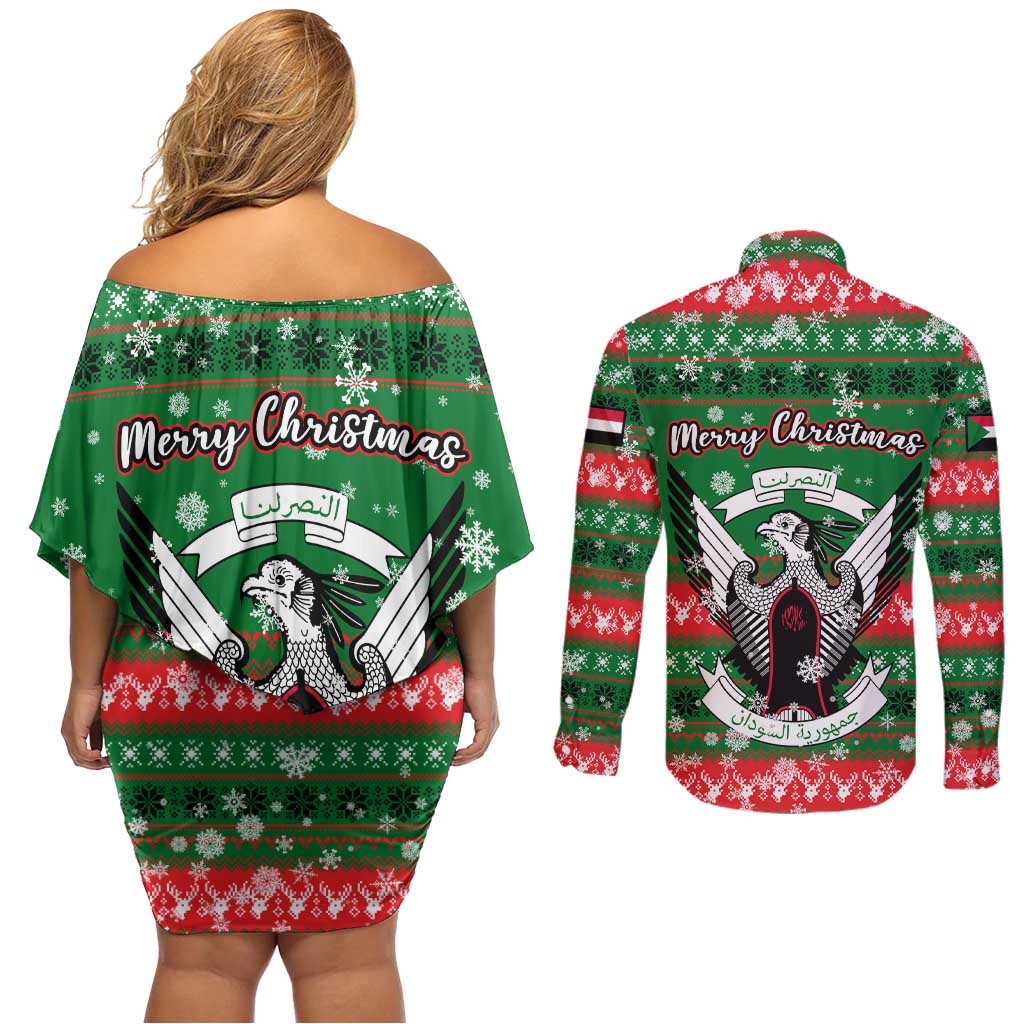 Sudan Christmas Couples Matching Off Shoulder Short Dress and Long Sleeve Button Shirt with Green Red Xmas Camel Snowflake and Coat of Arms - Wonder Print Shop