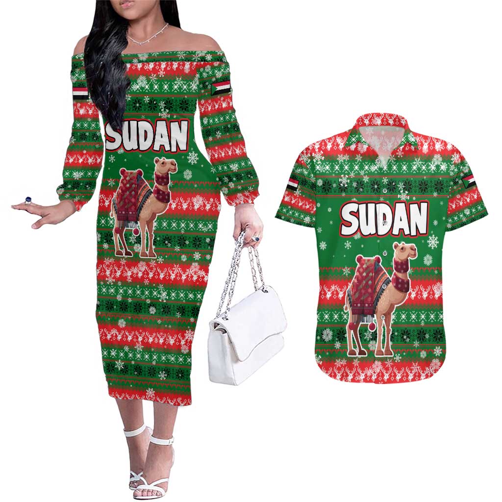 Sudan Christmas Couples Matching Off The Shoulder Long Sleeve Dress and Hawaiian Shirt with Green Red Xmas Camel Snowflake and Coat of Arms - Wonder Print Shop