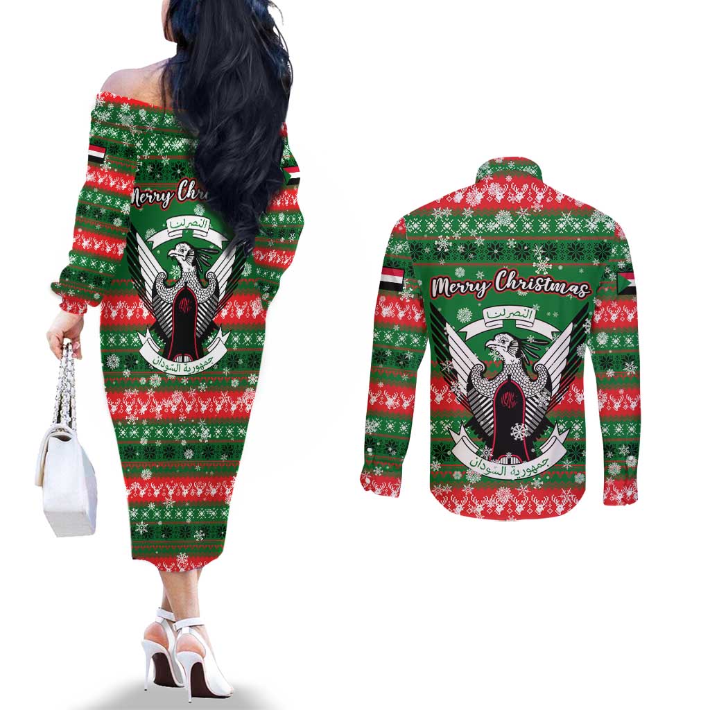 Sudan Christmas Couples Matching Off The Shoulder Long Sleeve Dress and Long Sleeve Button Shirt with Green Red Xmas Camel Snowflake and Coat of Arms - Wonder Print Shop