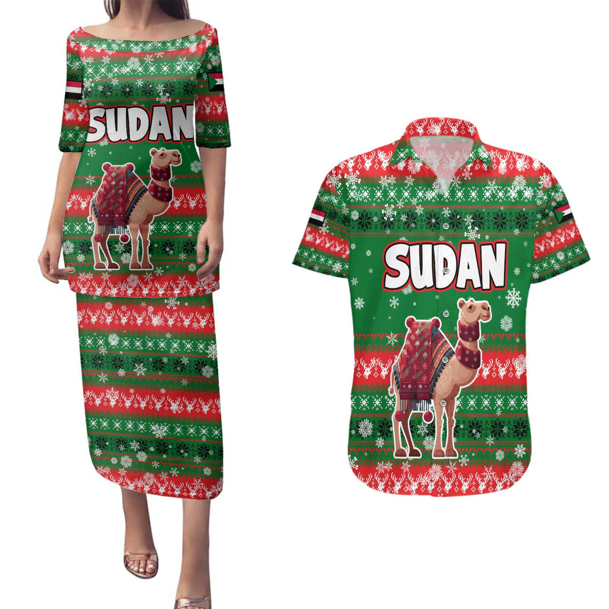 Sudan Christmas Couples Matching Puletasi and Hawaiian Shirt with Green Red Xmas Camel Snowflake and Coat of Arms - Wonder Print Shop