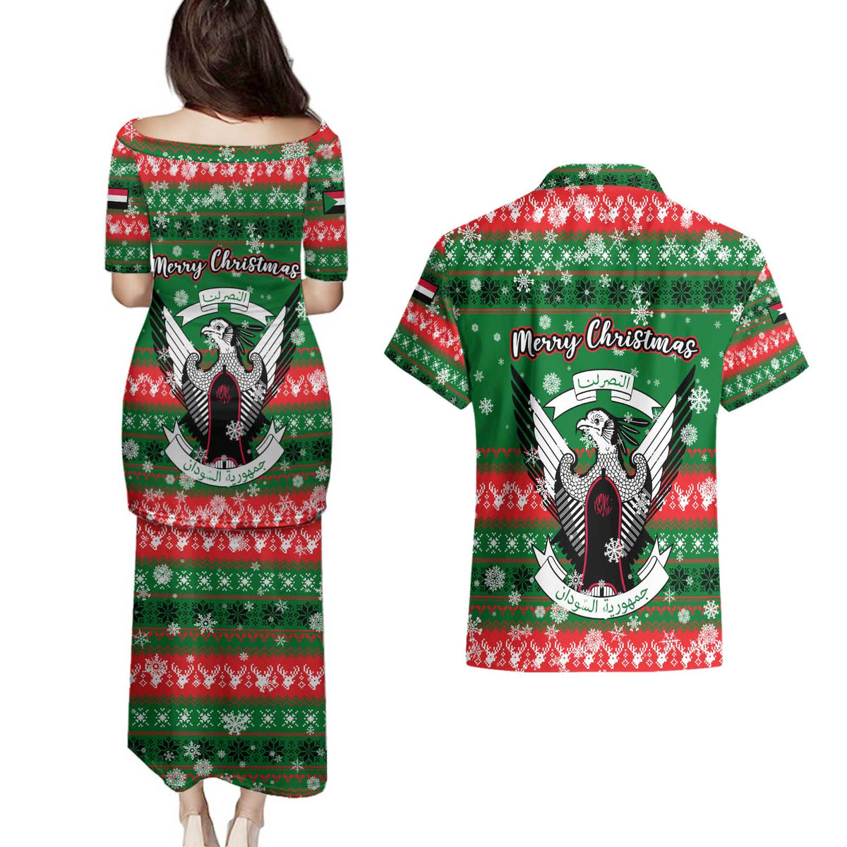 Sudan Christmas Couples Matching Puletasi and Hawaiian Shirt with Green Red Xmas Camel Snowflake and Coat of Arms - Wonder Print Shop